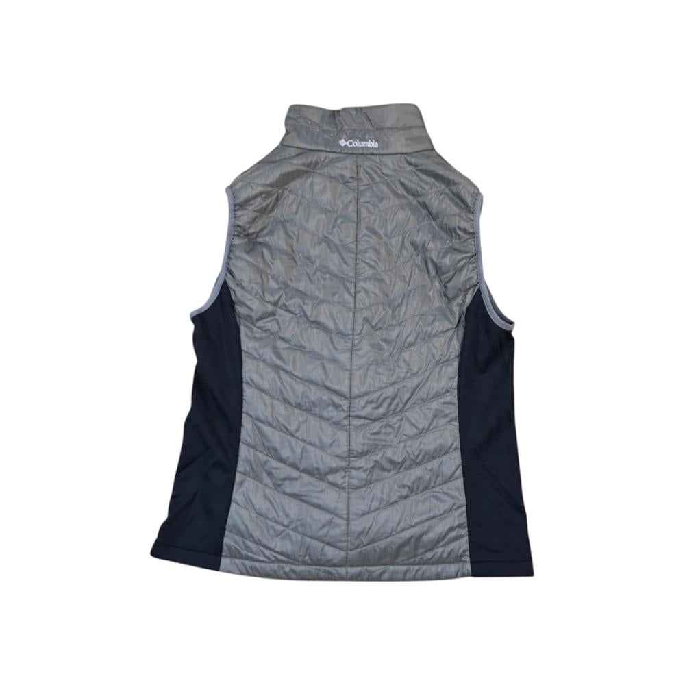 Grey synthetic insulated vest by Columbia, with a mock neck and dark side panels, shown in a back view.
