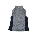 Grey synthetic insulated vest by Columbia, with a mock neck and dark side panels, shown in a back view.