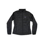 Black insulated jacket by Patagonia with a quilted pattern and full zipper.