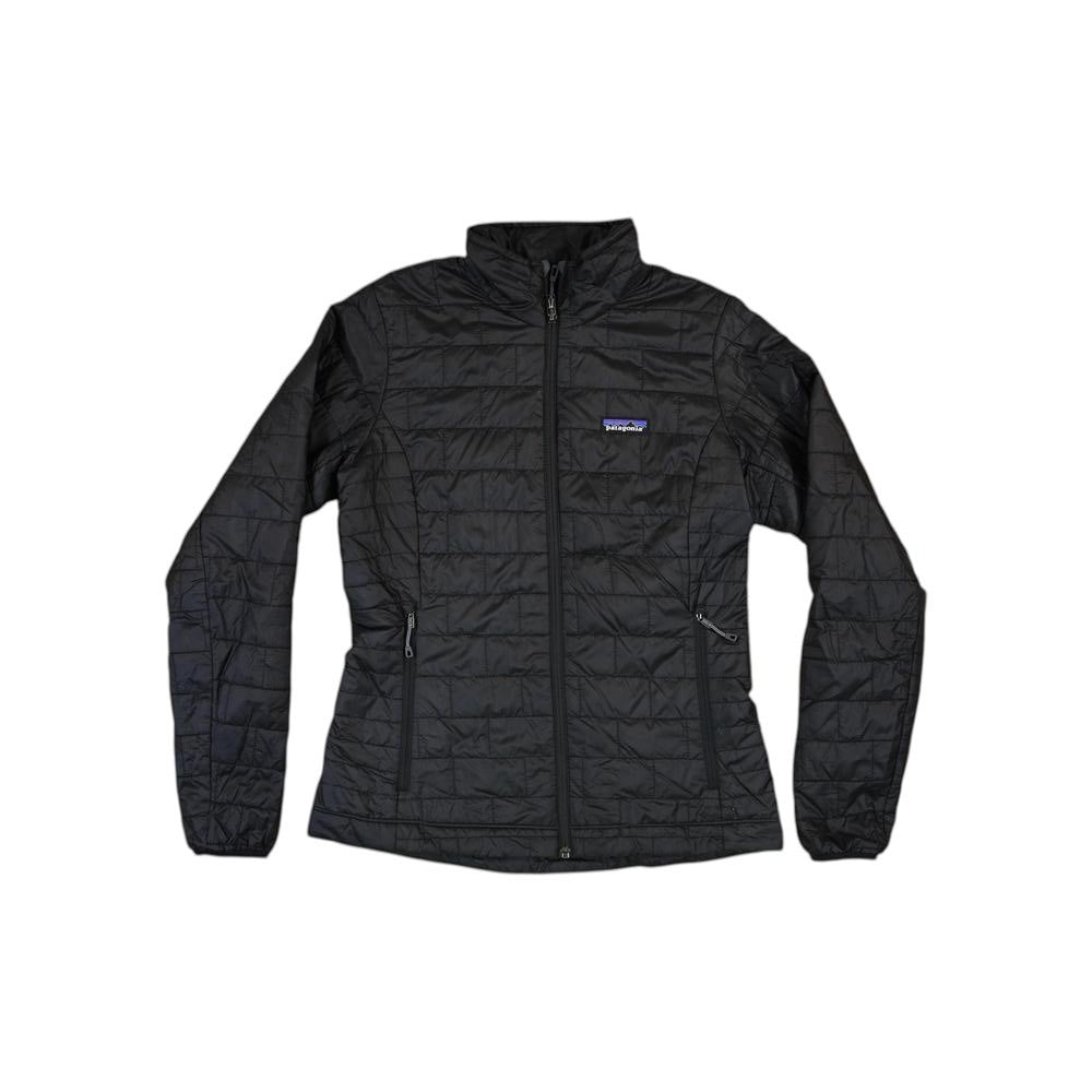 Black insulated jacket by Patagonia with a quilted pattern and full zipper.