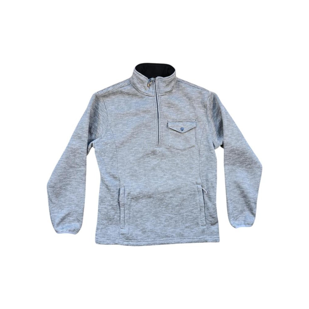Grey quarter-zip fleece by Mountain Khakis featuring a chest pocket and hand pockets.