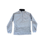 Grey quarter-zip fleece by Mountain Khakis featuring a chest pocket and hand pockets.