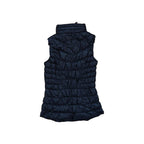 Black down vest by Athleta, quilted pattern with a high neck, seen from the back.
