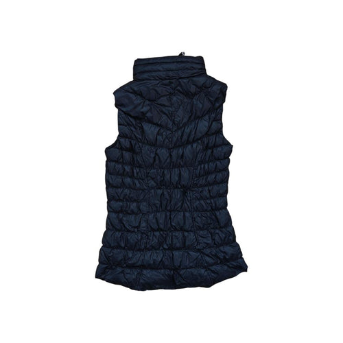 Black down vest by Athleta, quilted pattern with a high neck, seen from the back.