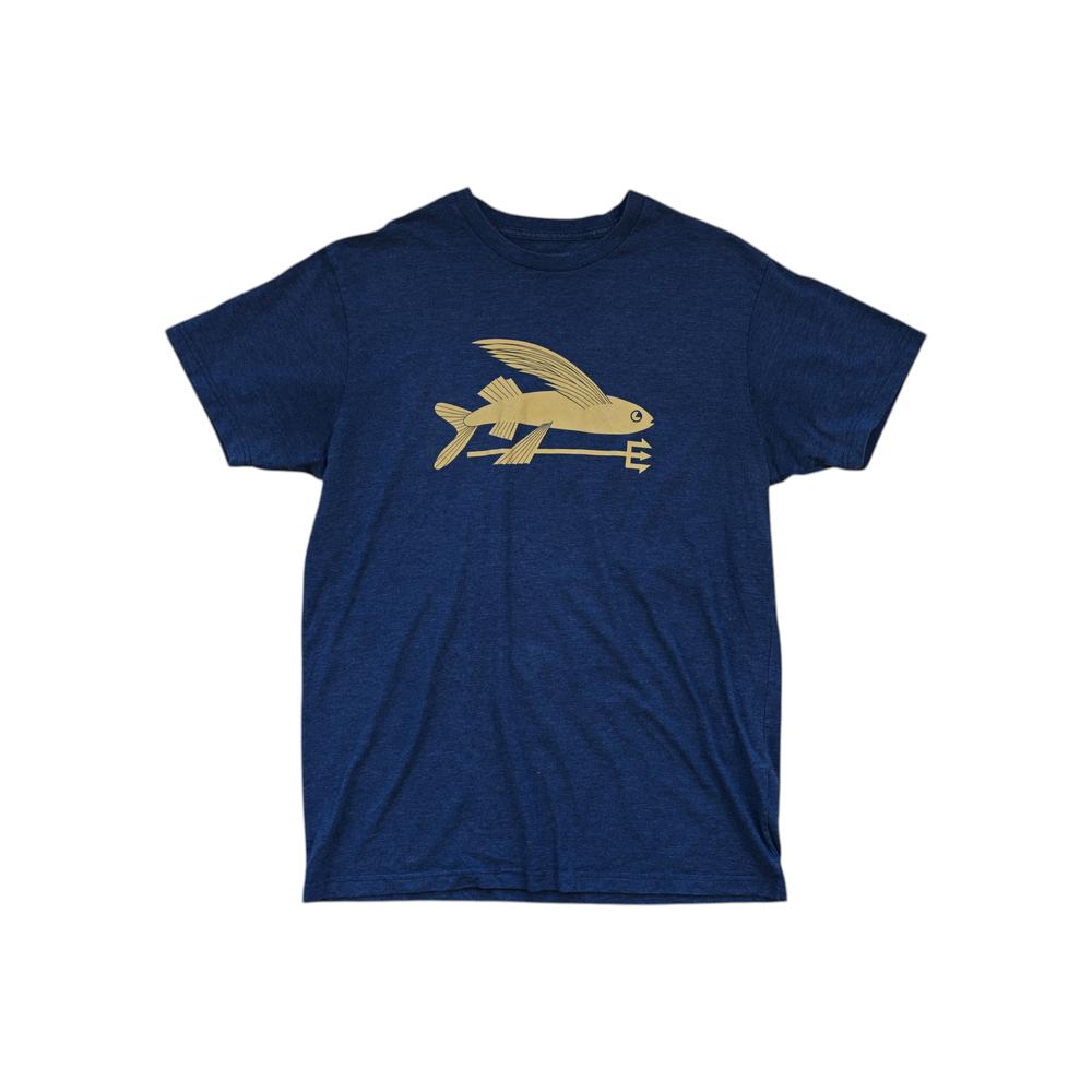 Navy slim fit cotton shirt by Patagonia with a stylized fish graphic.