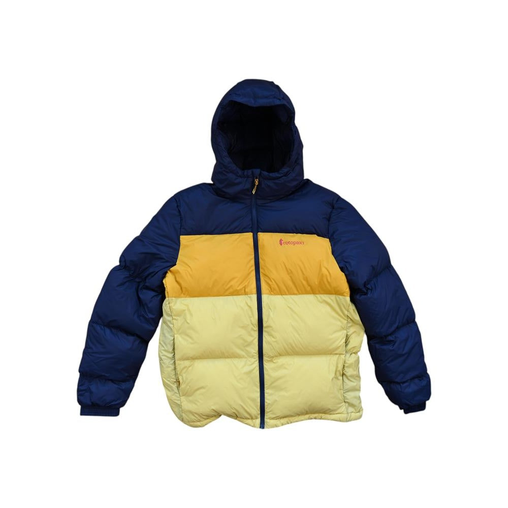 Blue and yellow hooded down jacket by Cotopaxi featuring a color block design.