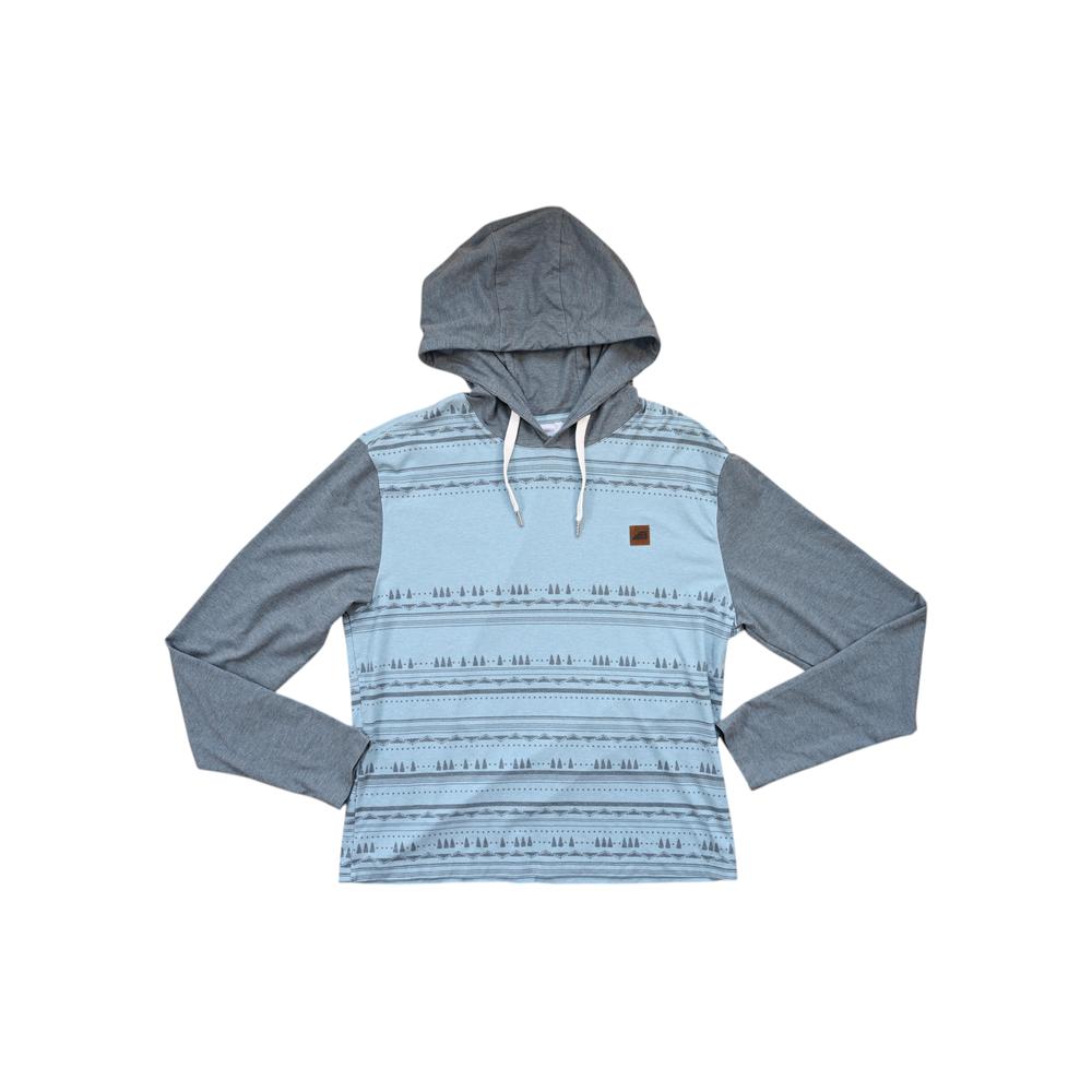 Blue long-sleeve hoody shirt by Belong Designs with striped and graphic pattern.