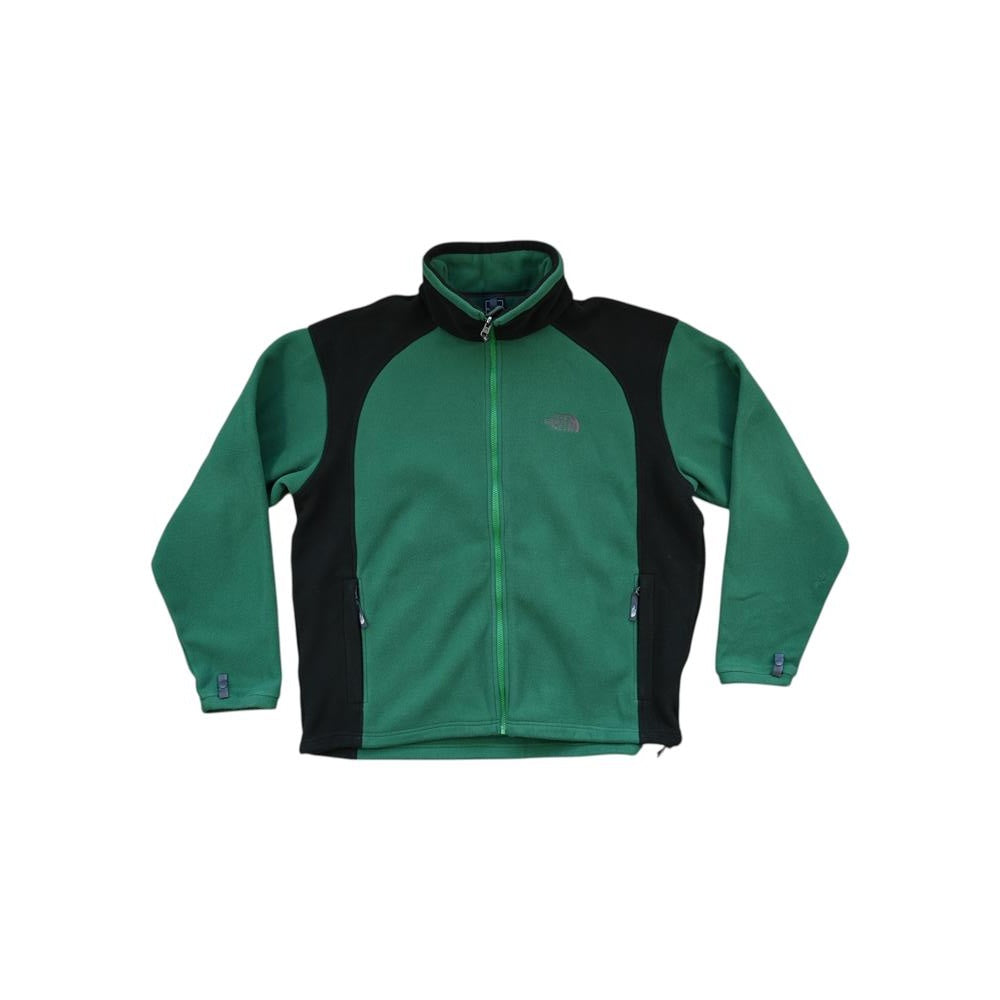 Green and black fleece jacket by The North Face, featuring a full zip closure and side pockets.