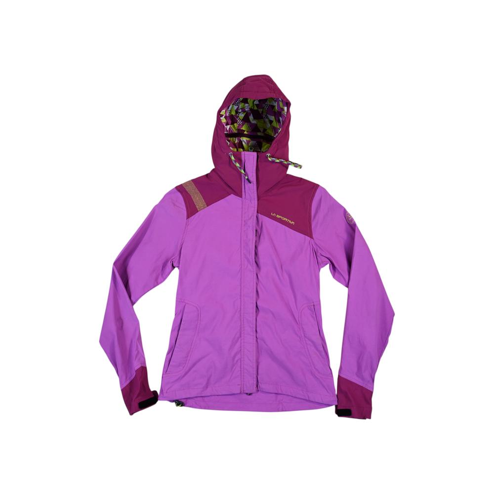 Purple softshell jacket by La Sportiva, with patterned hood lining and contrasting dark purple accents.