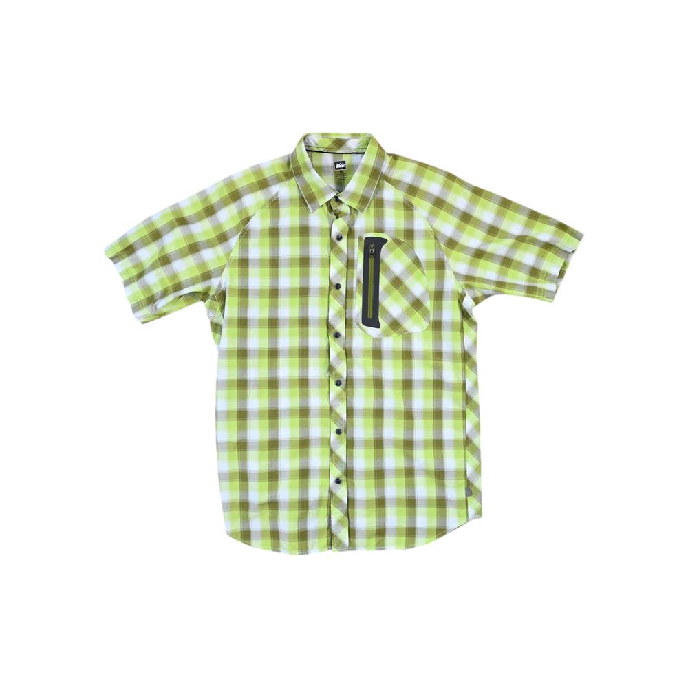 Short sleeve button-up shirt by REI, featuring a yellow and green plaid pattern, with a zipper chest pocket.