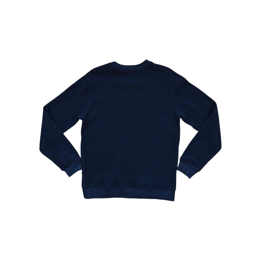Blue wool sweater by Topo Designs, shown from the back with long sleeves and ribbed trim.