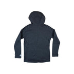 Grey fleece pullover by Stio with a hood and a small logo on the wrist.