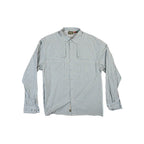 White long sleeve button-down shirt by Howler Bros with a blue and gold plaid pattern.