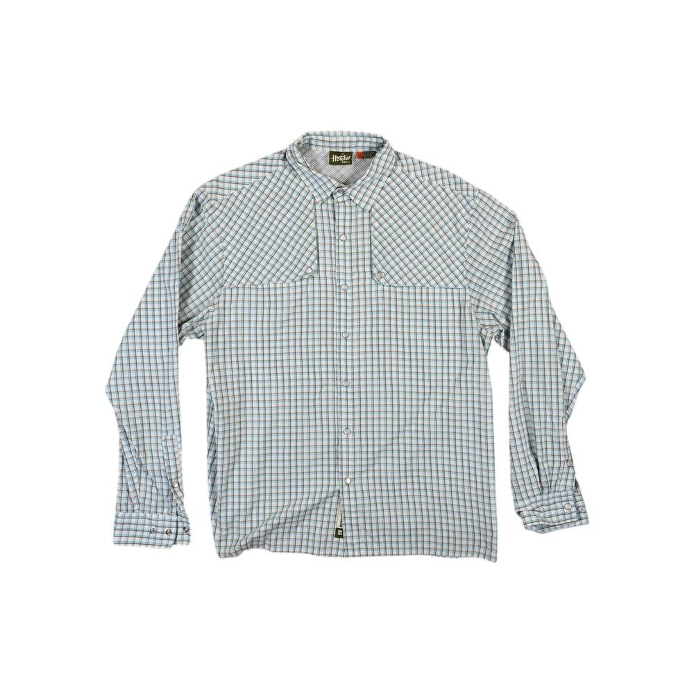 White long sleeve button-down shirt by Howler Bros with a blue and gold plaid pattern.