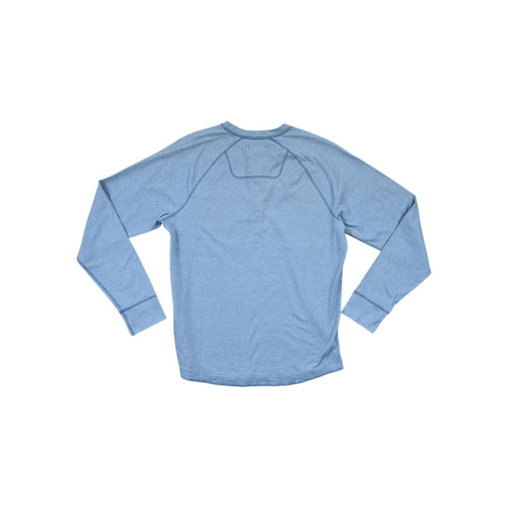 Blue long sleeve henley shirt by North Face with a solid pattern and raglan sleeves.