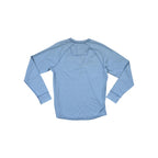 Blue long sleeve henley shirt by North Face with a solid pattern and raglan sleeves.