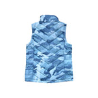 Blue camo puffer vest by North Face with quilted chevron pattern and stand collar.