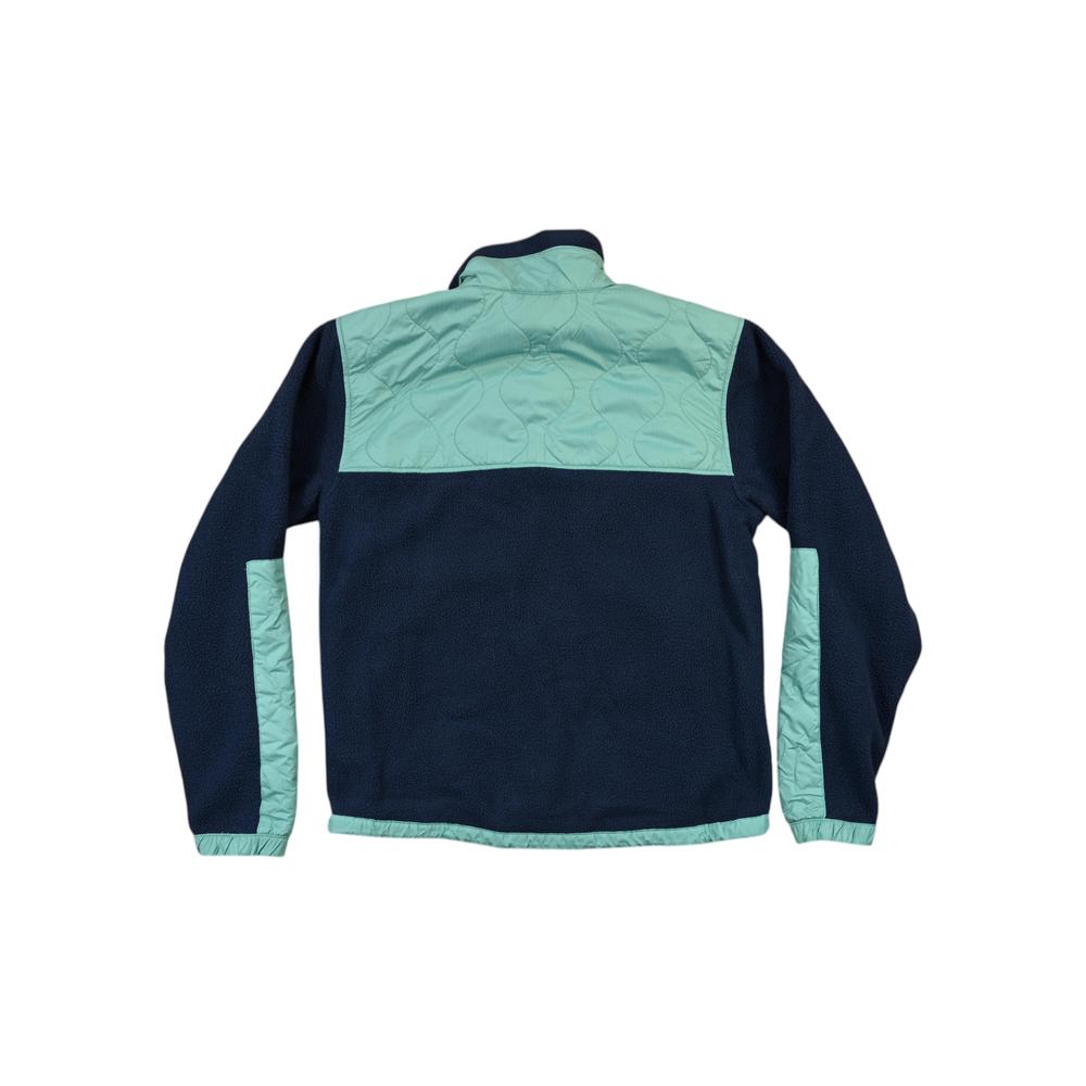 Fleece jacket by North Face, in navy blue and seafoam green, seen from the back.
