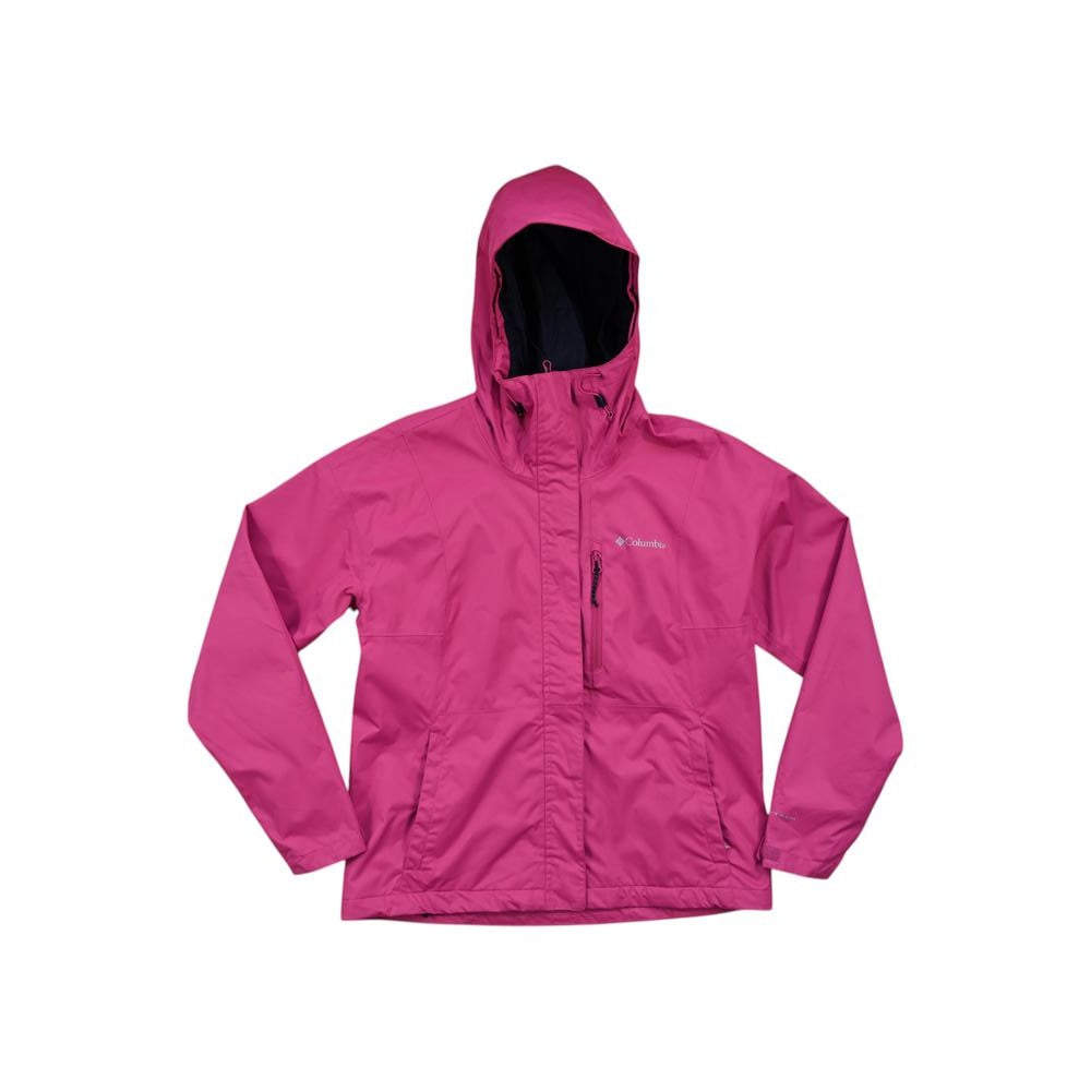 Pink hooded rain shell jacket by Columbia with a full zip closure and logo detail.