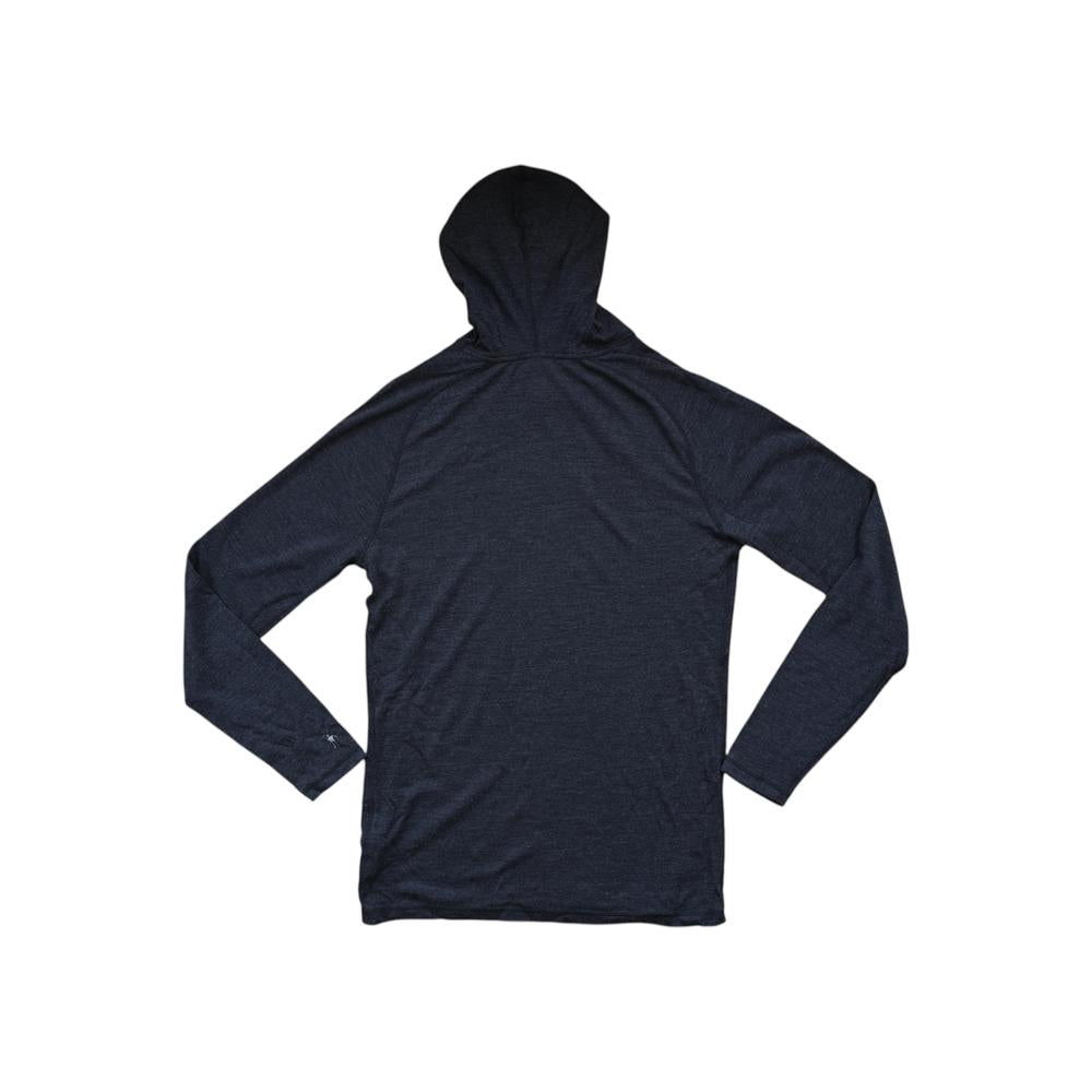 Grey merino wool hoodie baselayer shirt by Smartwool, displayed with a hood and long sleeves.