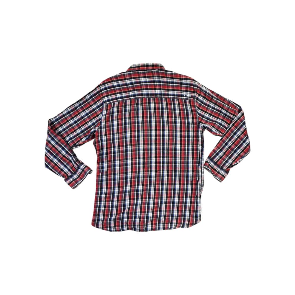 Red and black flannel long sleeve shirt by Mountain Khakis with plaid pattern on cotton fabric.