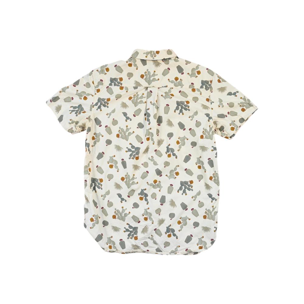 White button-down shirt by North Face with a cactus pattern, short sleeves, and a collared neck.