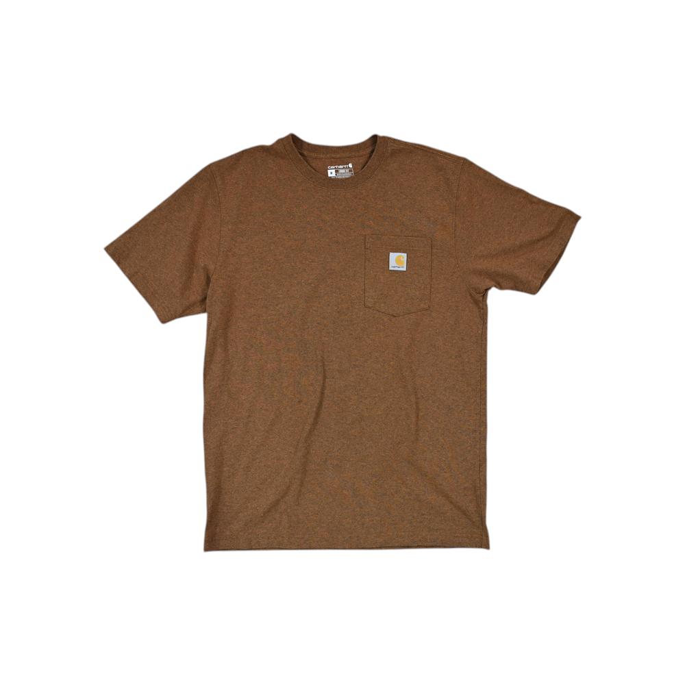 Brown pocket t-shirt by Carhartt featuring a heathered texture and a chest pocket with a logo patch.