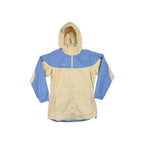 Cream and blue women's windbreaker softshell jacket by Columbia with a hood and front zipper closure.