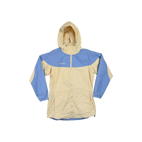 Cream and blue women's windbreaker softshell jacket by Columbia with a hood and front zipper closure.