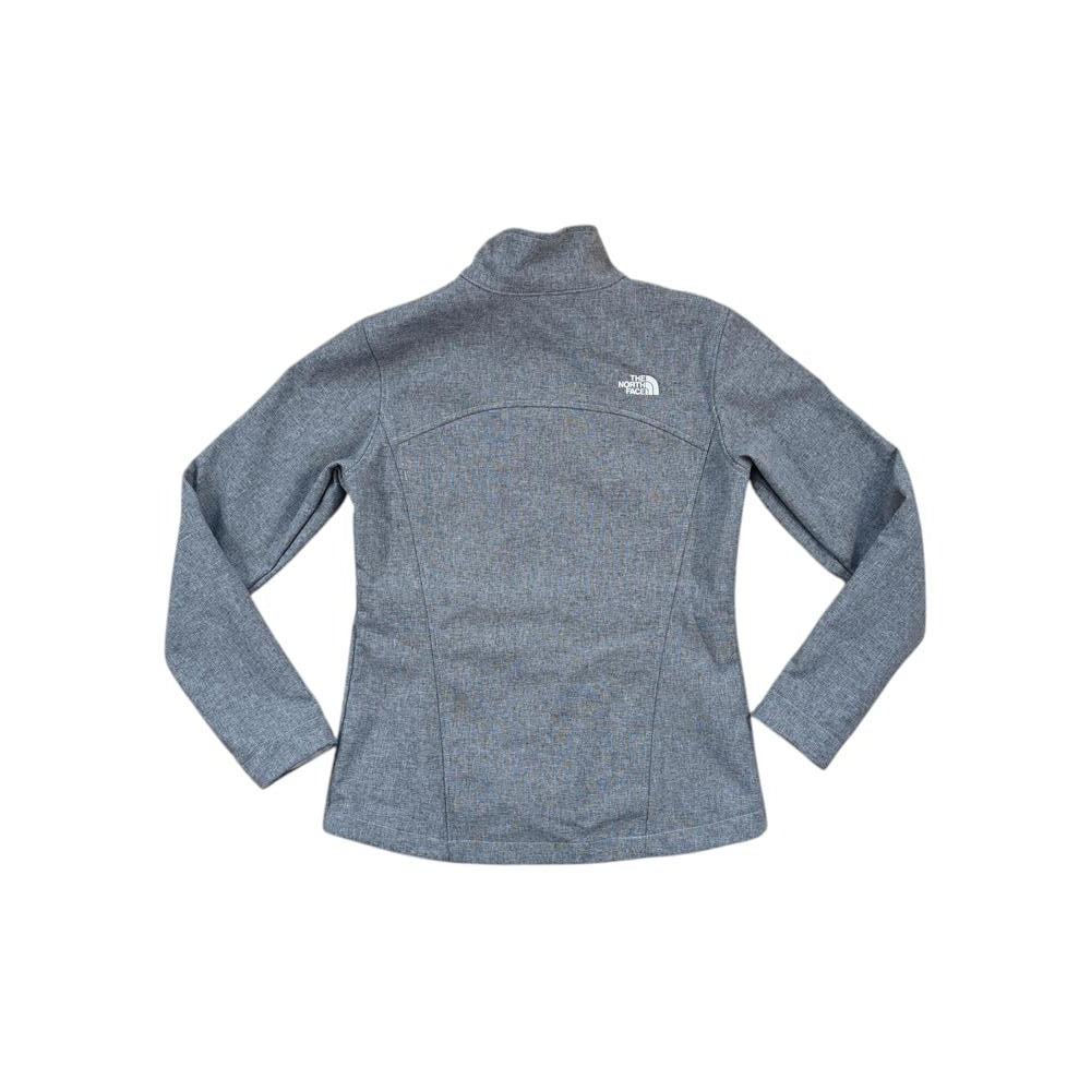 Gray softshell jacket by North Face, in heathered texture with a mock neck collar and long sleeves.
