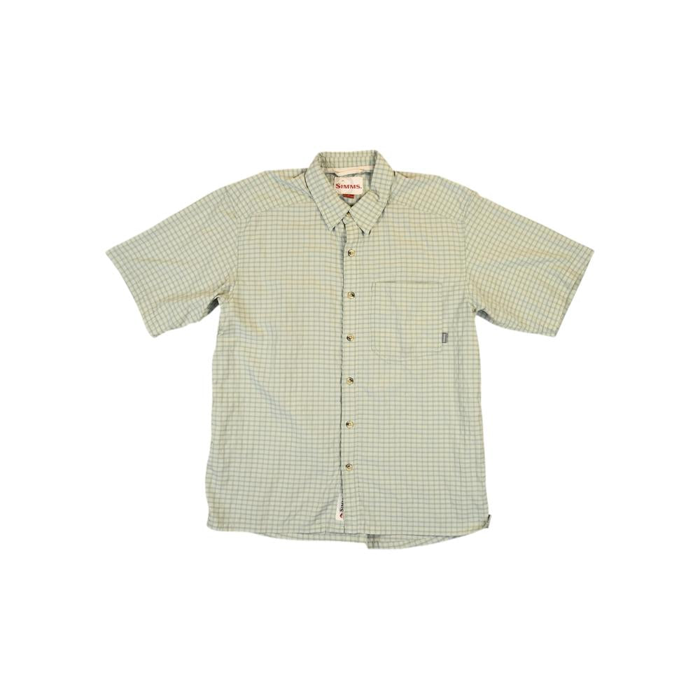 Green button-down shirt by Simms, featuring a subtle checkered pattern, short sleeves, and chest pocket.