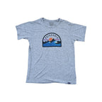 Grey t-shirt by Patagonia with a mountain and sun graphic on the front.