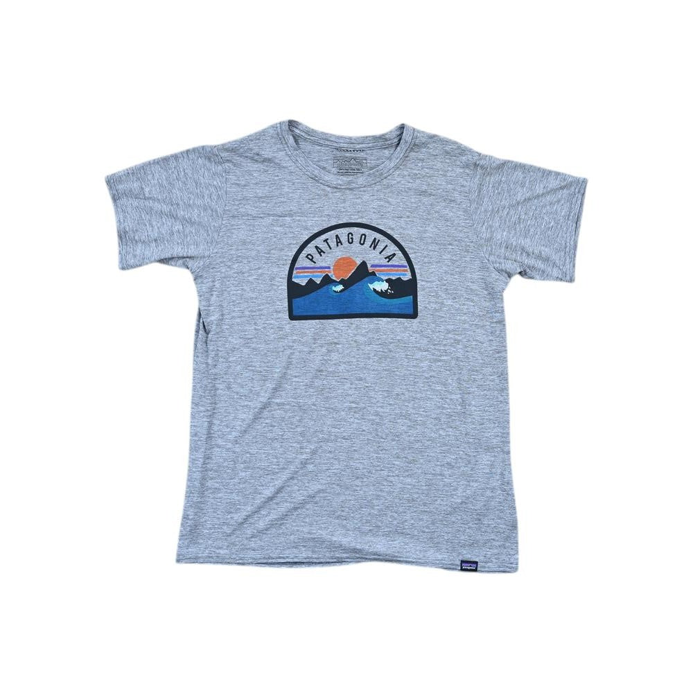 Grey t-shirt by Patagonia with a mountain and sun graphic on the front.