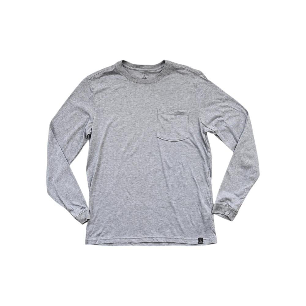 Gray long sleeve shirt by Prana featuring a chest pocket and a heathered texture.