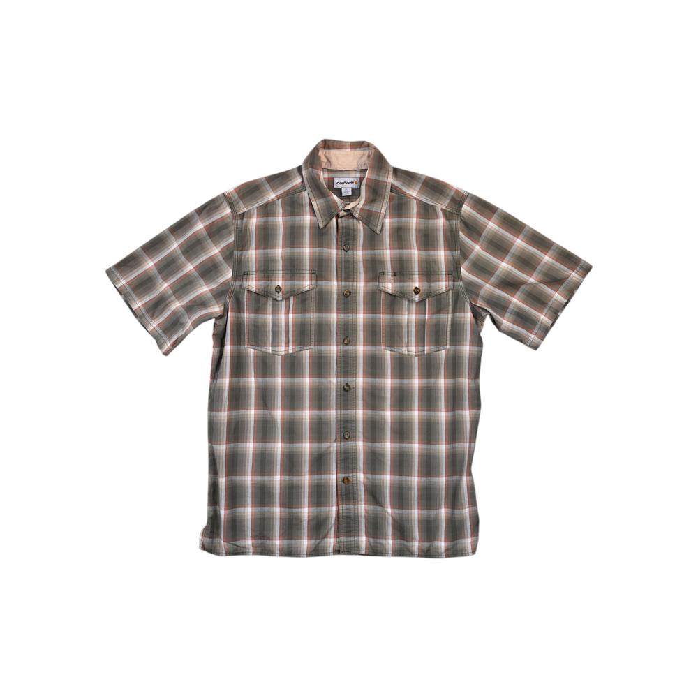 Green plaid button-down shirt by Carhartt, featuring short sleeves, two chest pockets, and a point collar.