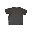 Grey active shirt by North Face with orange trim around the neck, seen from the back.