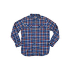 Blue flannel long sleeve shirt by Columbia, with a red and white plaid pattern and two chest pockets.