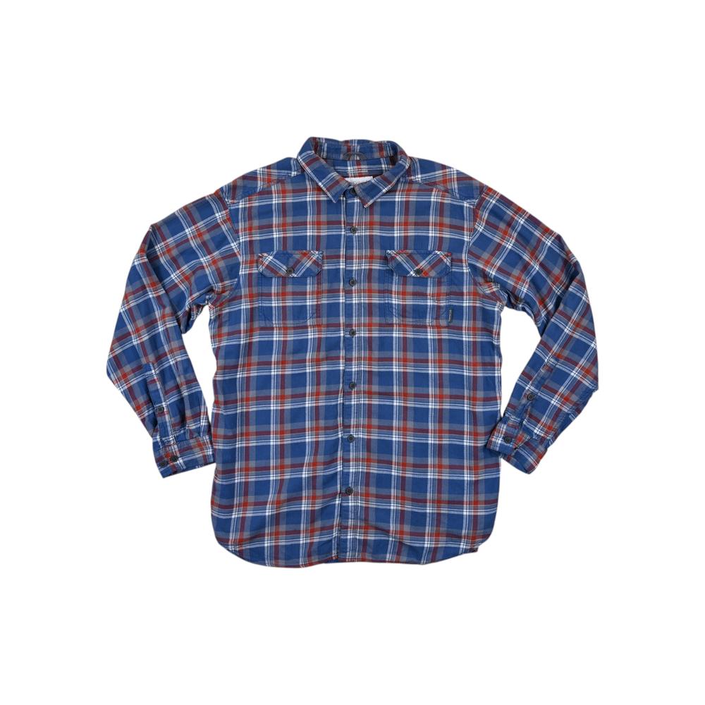 Blue flannel long sleeve shirt by Columbia, with a red and white plaid pattern and two chest pockets.