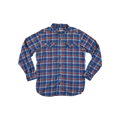 Blue flannel long sleeve shirt by Columbia, with a red and white plaid pattern and two chest pockets.