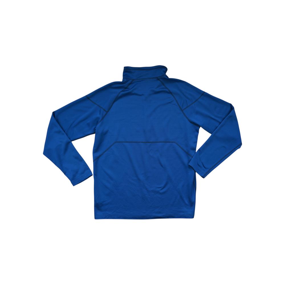 Blue long-sleeve baselayer shirt by REI, with a quarter zip and a mock neck collar.