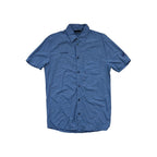 Blue short-sleeve button-down shirt by Mammut, featuring a subtle plaid pattern and buttoned chest pocket.