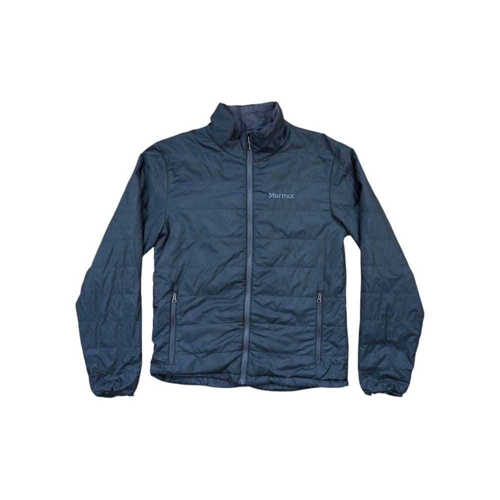 Grey synthetic insulated jacket by Marmot with quilted pattern and full zipper.