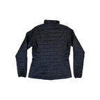 Black insulated jacket by Patagonia with quilted pattern and long sleeves, back view.
