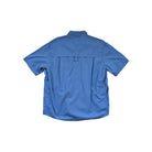 Blue hiking shirt by REI with short sleeves, button-down closure, and back ventilation flap.