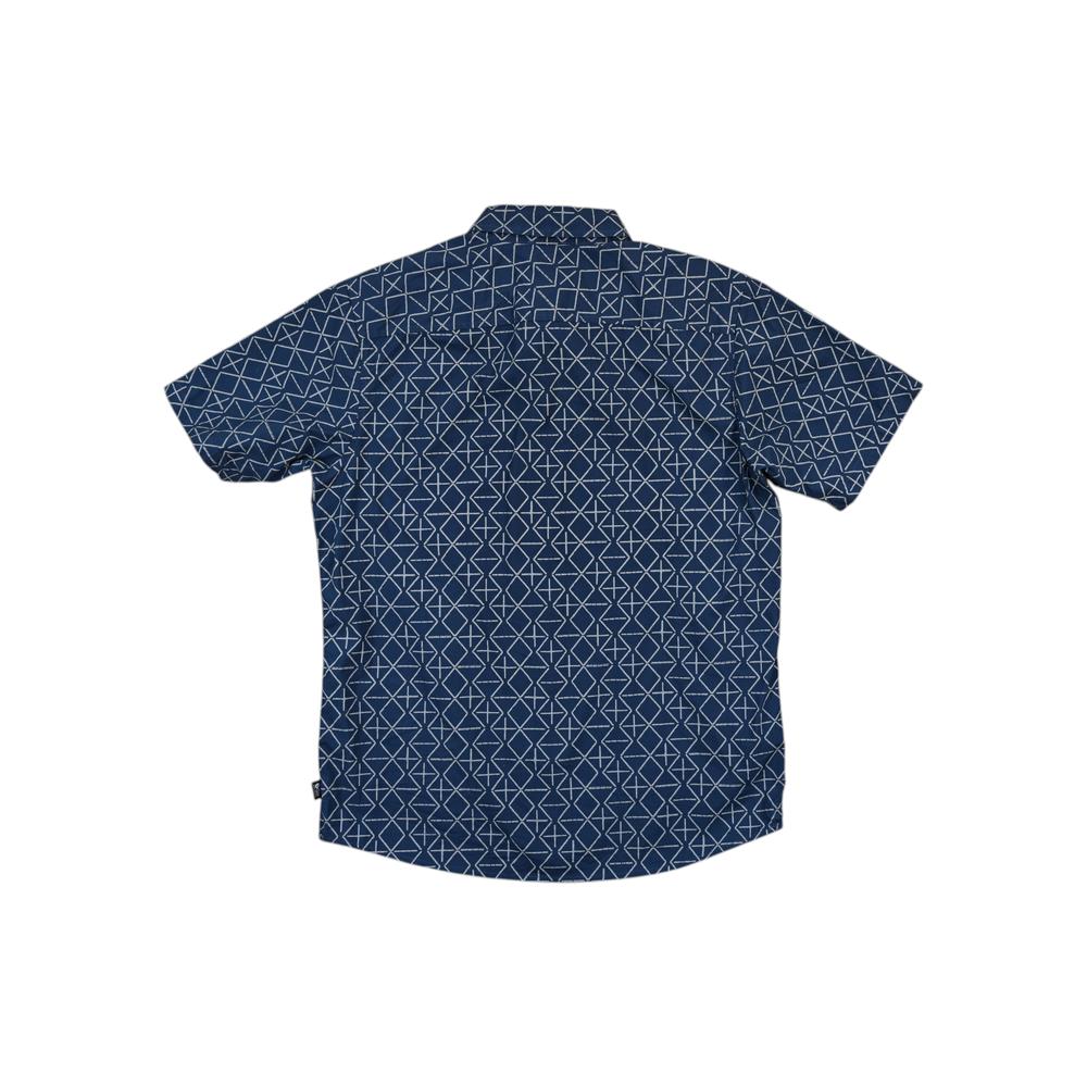 Blue short-sleeve shirt by Mountain Hardwear with white geometric pattern, back view.