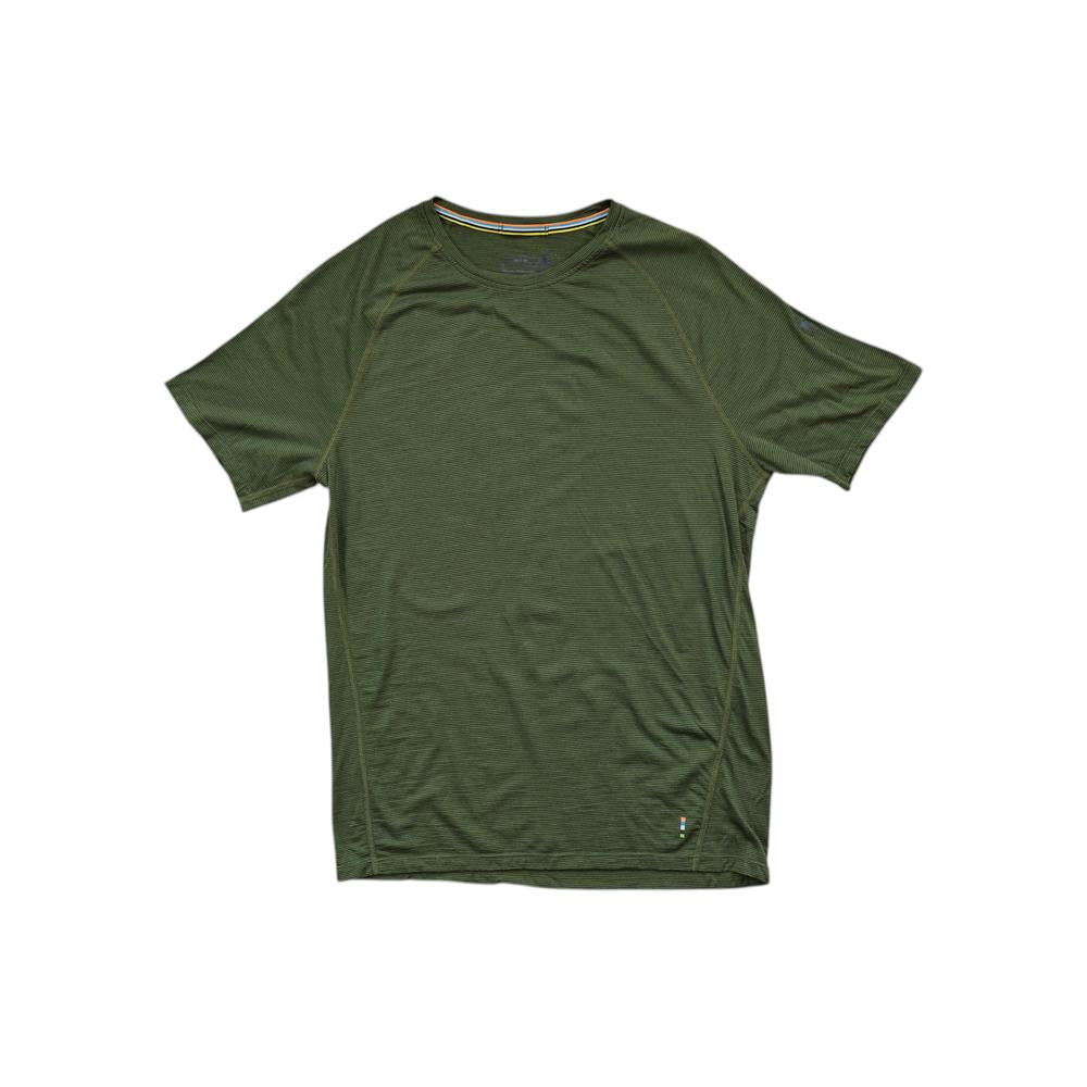 Green short sleeve tee shirt by Smartwool, featuring a horizontal stripe pattern and crew neck.