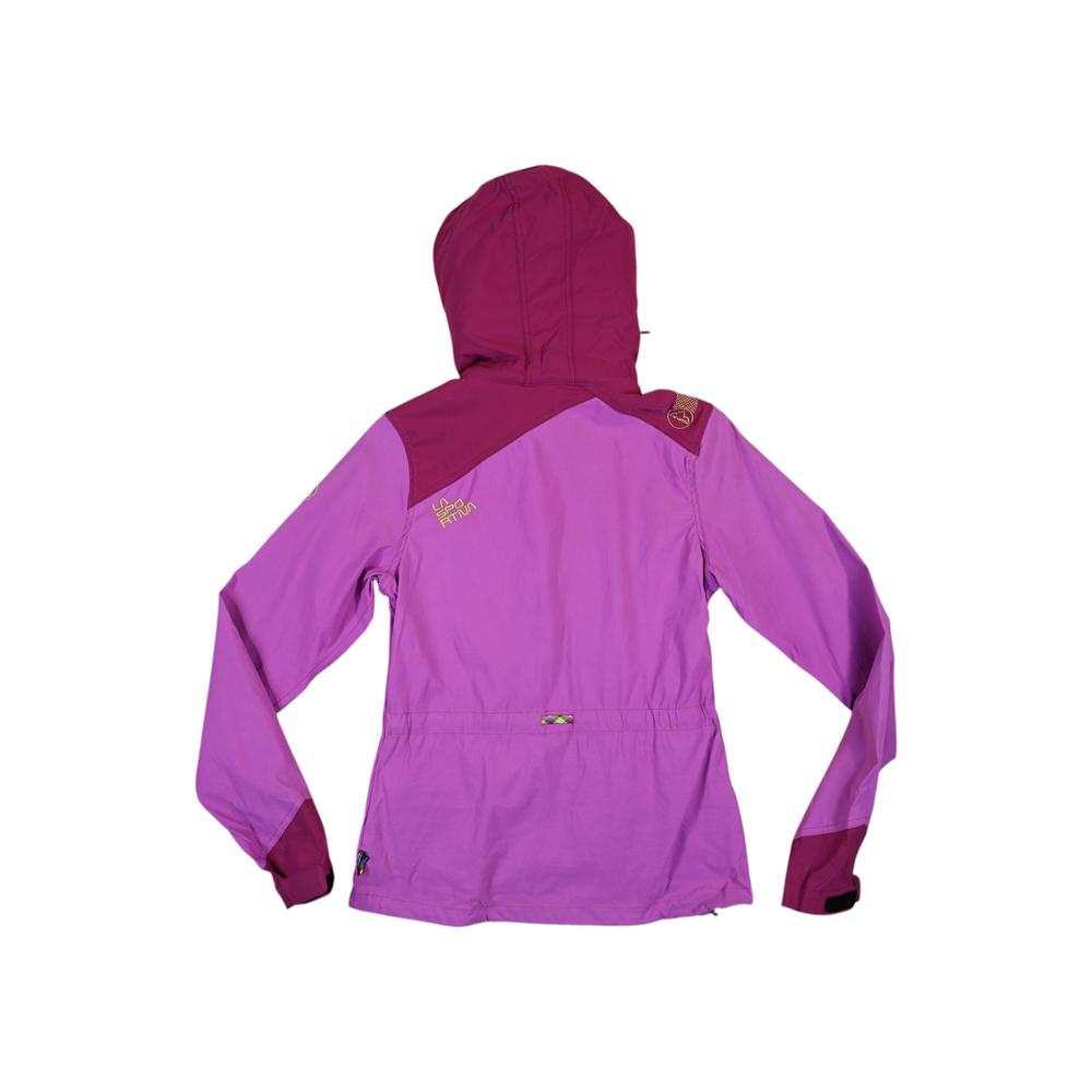 Purple women's softshell jacket by La Sportiva featuring a hood and long sleeves, shown from the back.