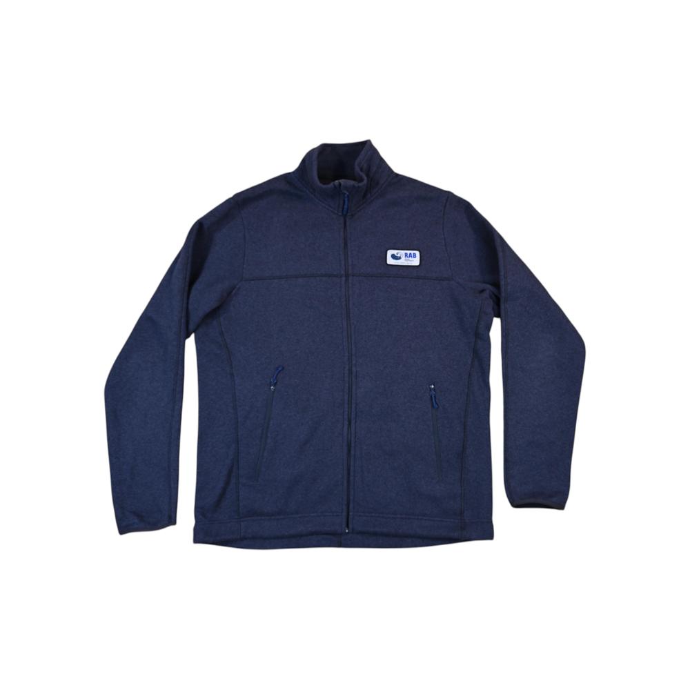 Blue fleece jacket by Rab featuring a full zip closure and front pockets.