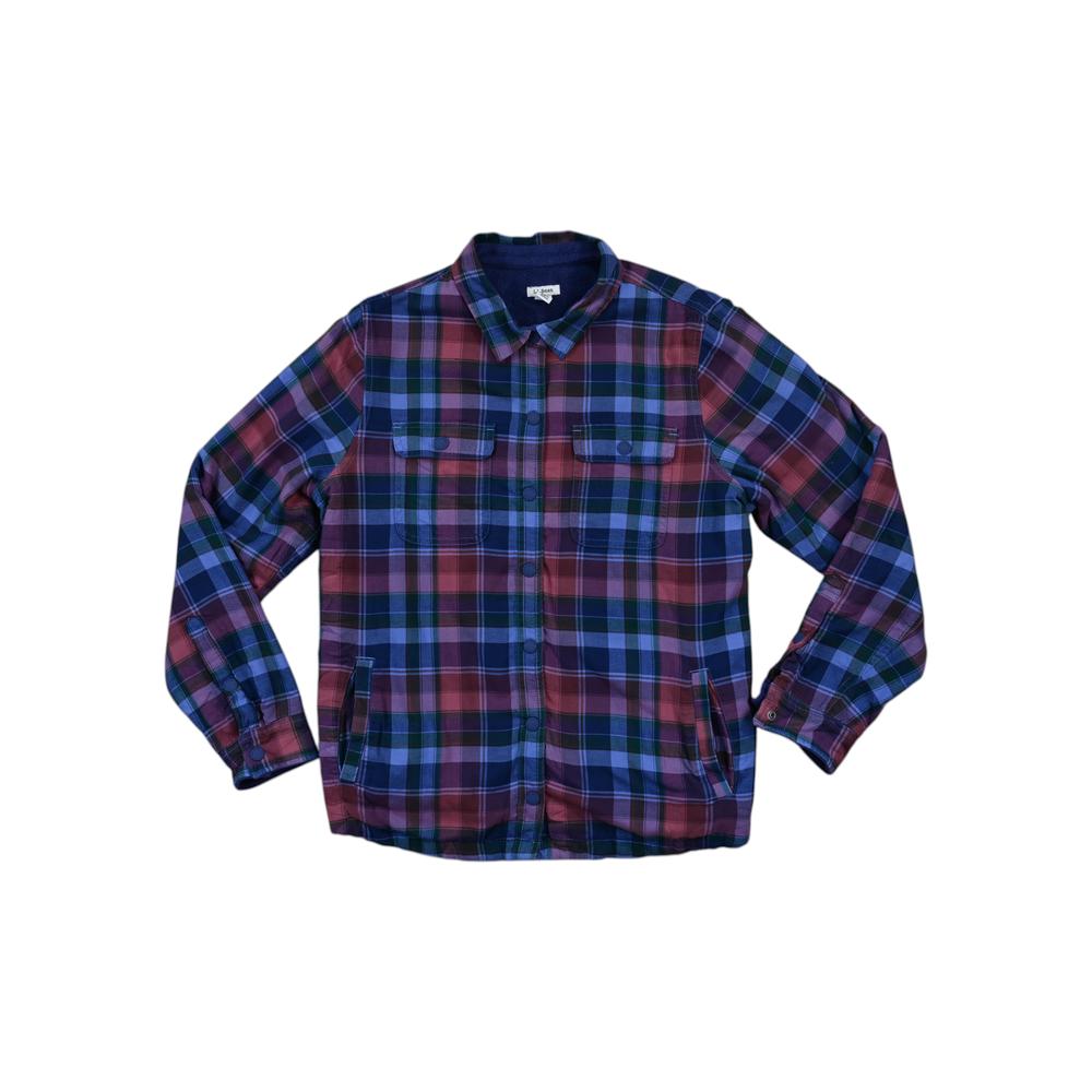 Purple and blue flannel long sleeve shirt by LL Bean, with a fleece lining and a plaid pattern.