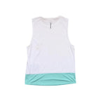 White running tank top shirt by Salomon, with an aqua bottom accent.